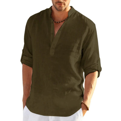 2025 New Men's Daily Business Linen Long Sleeve Solid Color Loose Casual Shirt Long Sleeve Cotton Linen Shirt