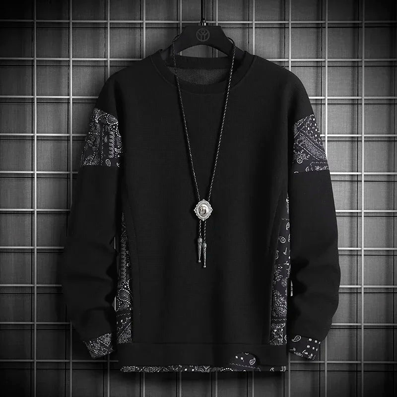 Men's Black Bandana Patchwork Sweatshirt | Stylish Casual Streetwear