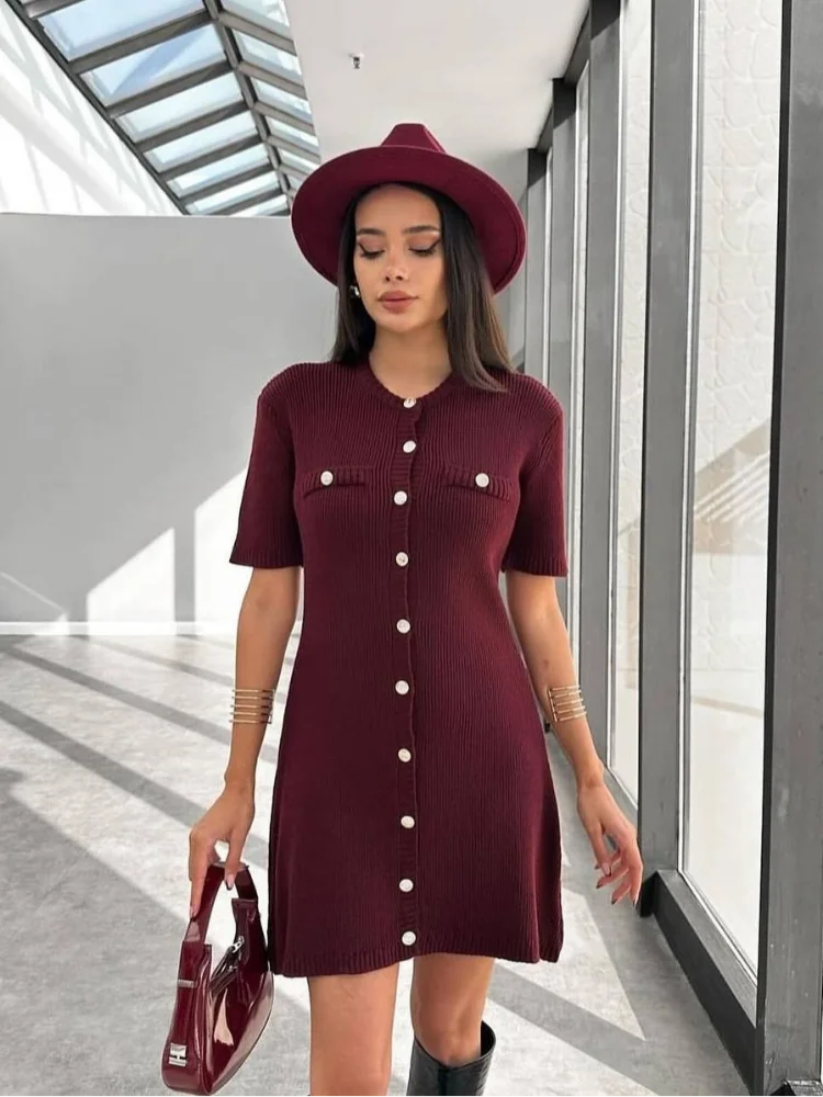 2024 Chic Burgundy Single Breasted Knitted Mini Dress Women's Fashion V-neck Slim Short Sleeves Vestido Lady Commute Streeetwear