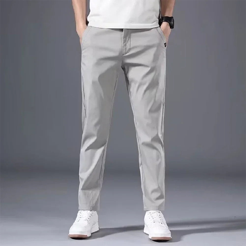 Fashion Men's Slim Fit Pants Solid Color Stretch Chino Trousers Casual Flat Front Flex Classic Full Pants Men Clothing