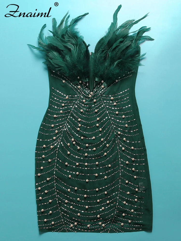 Znaiml Sexy Feathers Rhinestones Backless Diamond Sheer Mesh Bodycon Dresses for Woman Rave Club Birthday Party Night Vestidos