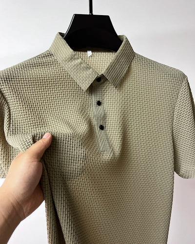 New Silk Knitted Hollow Polo Shirt Korean Edition Men's Summer Fashion Business Leisure Cool and Breathable Short Sleeved Top