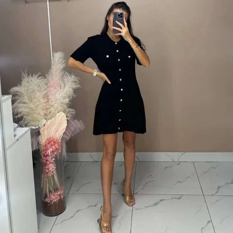 2024 Chic Burgundy Single Breasted Knitted Mini Dress Women's Fashion V-neck Slim Short Sleeves Vestido Lady Commute Streeetwear