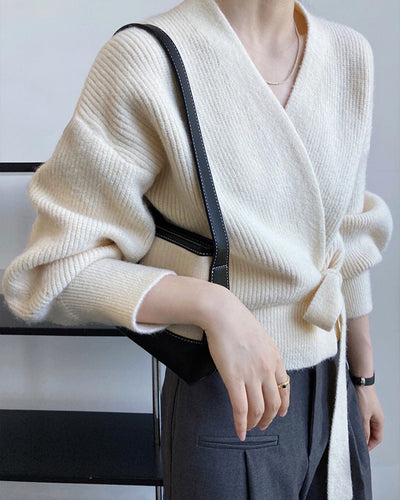 French Retro Knitted Cardigan Top V-neck Tie Loose Womens Sweater Coat, Handmade Spring Clothing, Womens Clothing