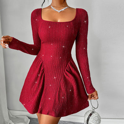 Women's Clothing Long Sleeve Square-neck Dress