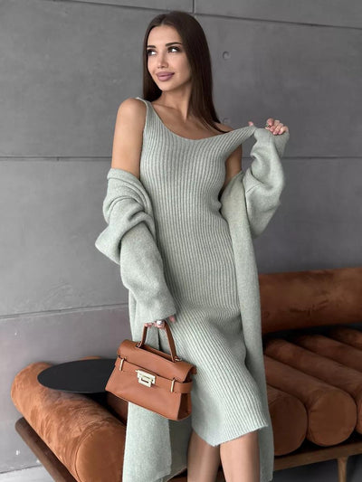 Women's Knitted Suit - Slim Sleeveless Long Dress & Casual Loose Cardigan for Spring/Fall