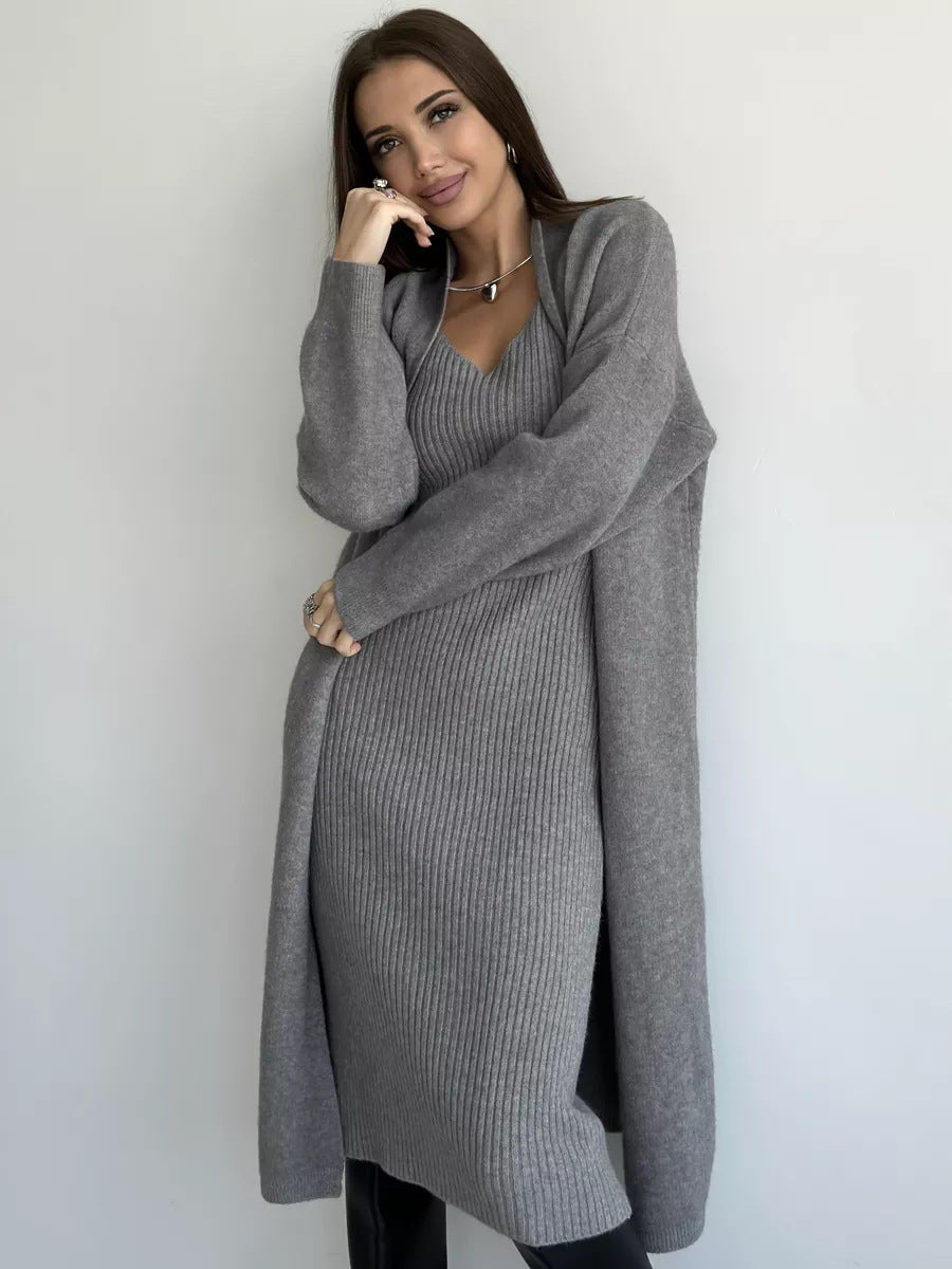 Women's Knitted Suit - Slim Sleeveless Long Dress & Casual Loose Cardigan for Spring/Fall