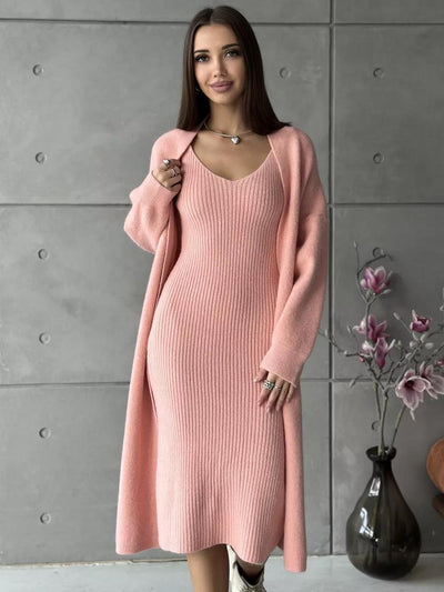 Women's Knitted Suit - Slim Sleeveless Long Dress & Casual Loose Cardigan for Spring/Fall