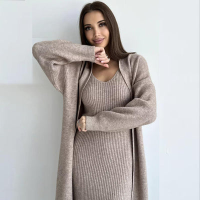 Women's Knitted Suit - Slim Sleeveless Long Dress & Casual Loose Cardigan for Spring/Fall