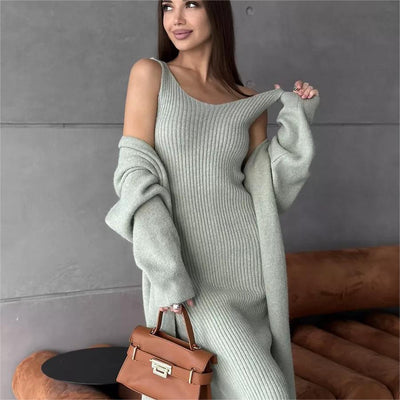 Women's Knitted Suit - Slim Sleeveless Long Dress & Casual Loose Cardigan for Spring/Fall