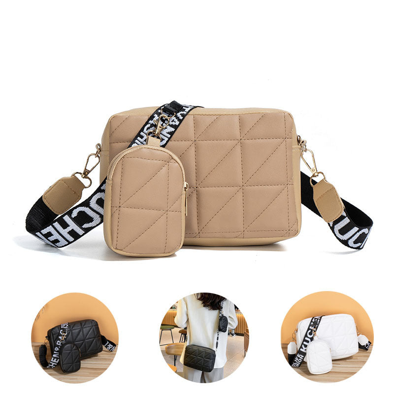 2-Piece Rhombus Shoulder Bag & Wallet Set – Stylish Letter Print Crossbody with Wide Strap