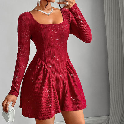 Women's Clothing Long Sleeve Square-neck Dress