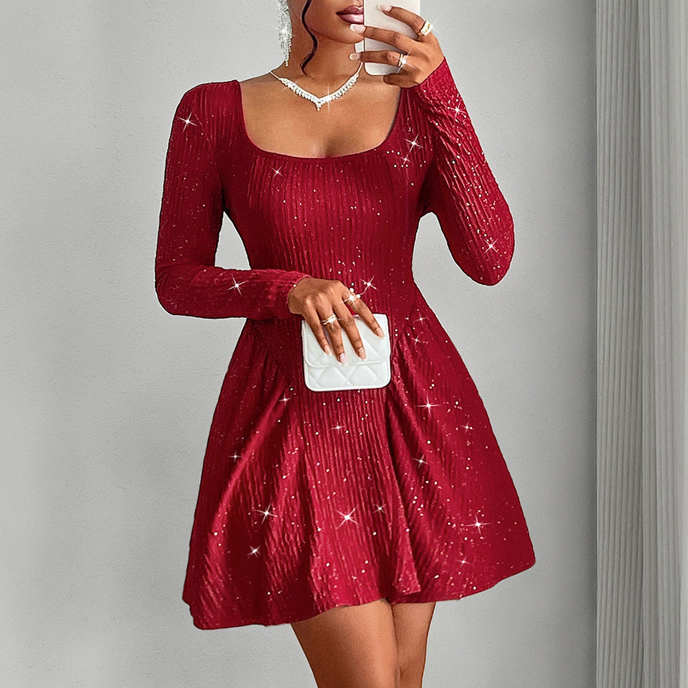 Women's Clothing Long Sleeve Square-neck Dress