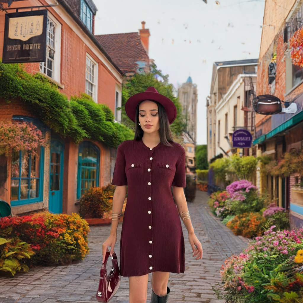 2024 Chic Burgundy Single Breasted Knitted Mini Dress Women's Fashion V-neck Slim Short Sleeves Vestido Lady Commute Streeetwear