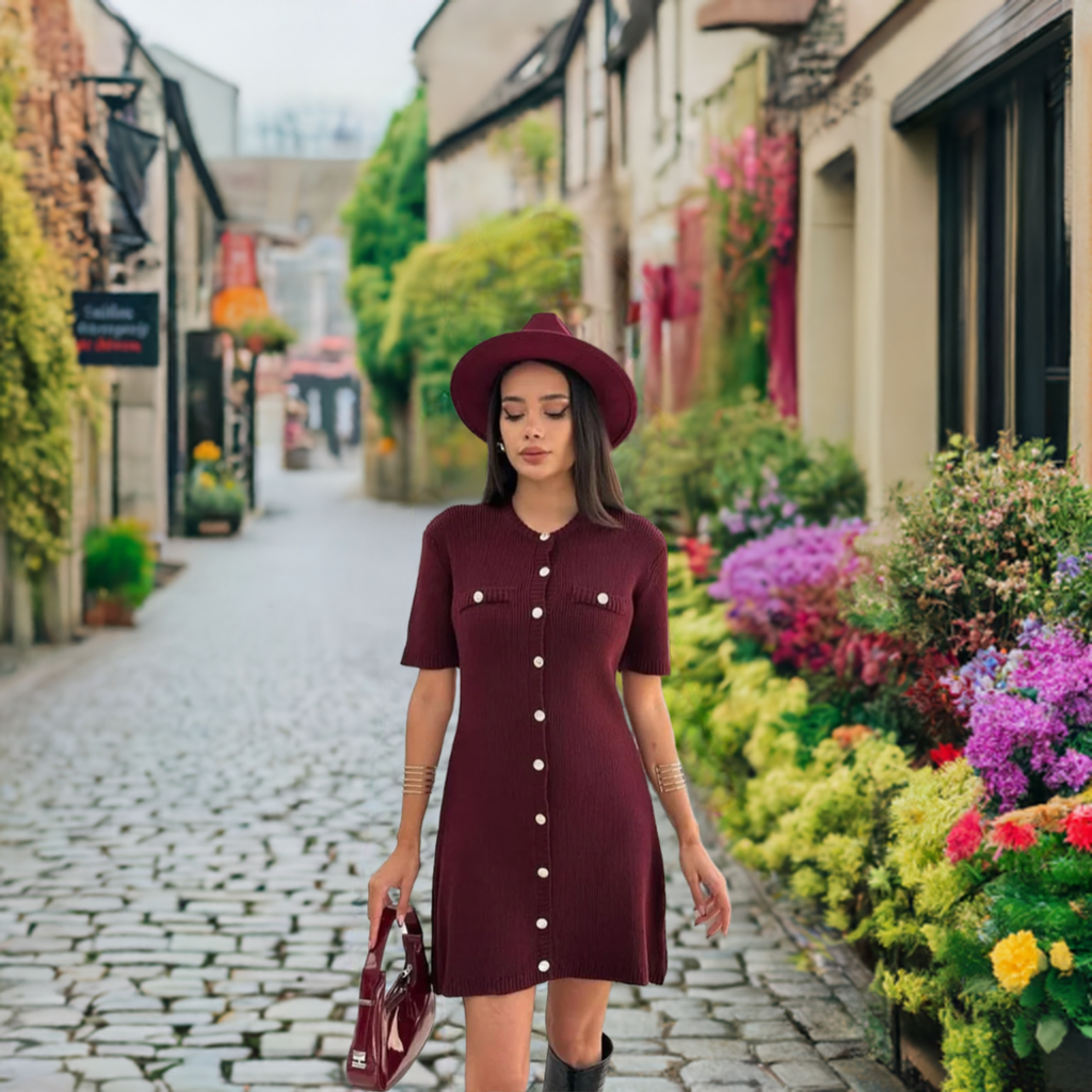 2024 Chic Burgundy Single Breasted Knitted Mini Dress Women's Fashion V-neck Slim Short Sleeves Vestido Lady Commute Streeetwear