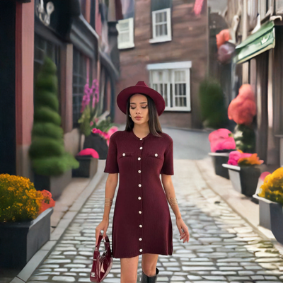 2024 Chic Burgundy Single Breasted Knitted Mini Dress Women's Fashion V-neck Slim Short Sleeves Vestido Lady Commute Streeetwear